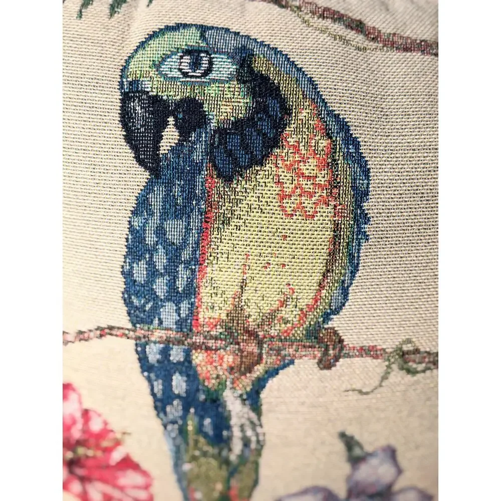 Vintage Tropical Parrot Tapestry Pillow | Blue Macaw Floral Botanical Accent